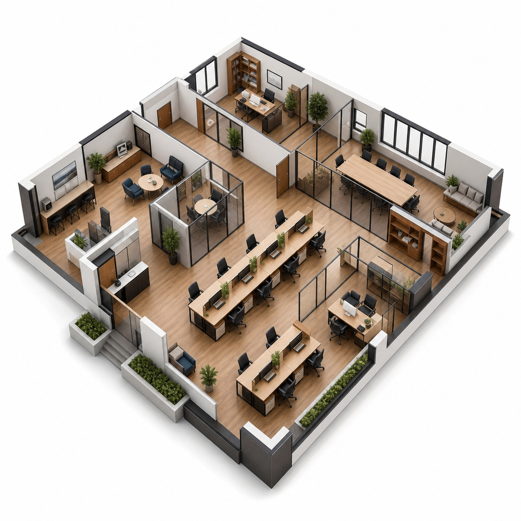 Ofis yerleşiminin 3B izometrik modeli
